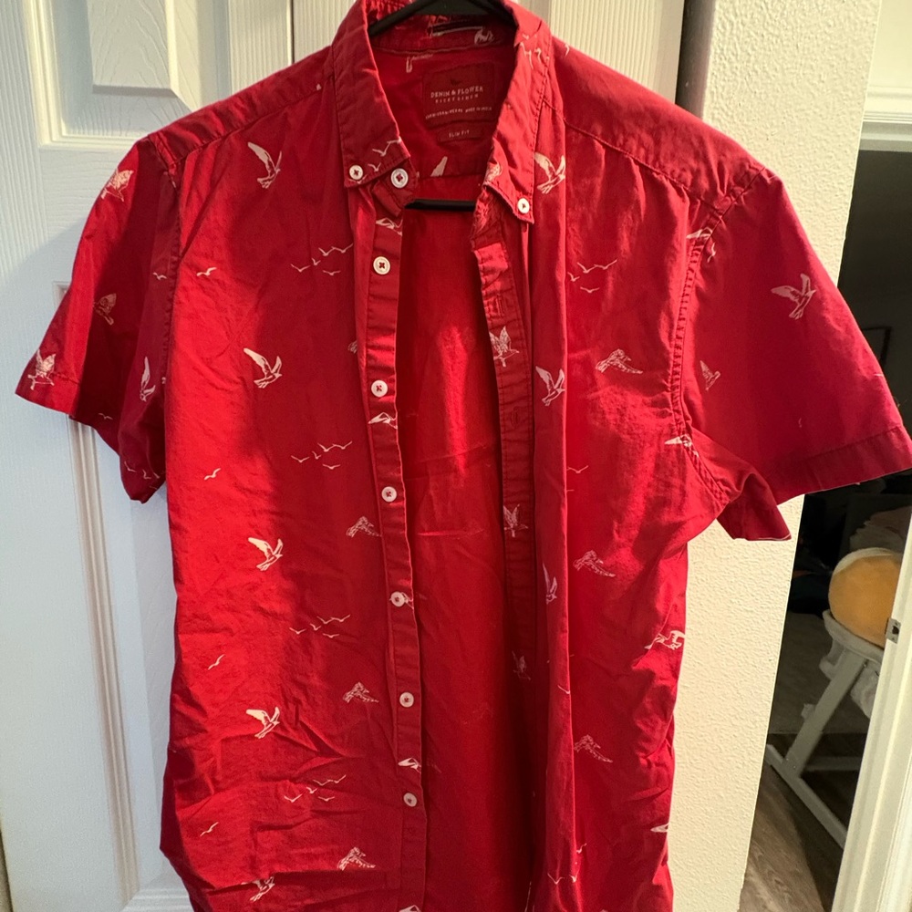 [3 for $20] Denim & Flower Red Bird Pattern Shirt
